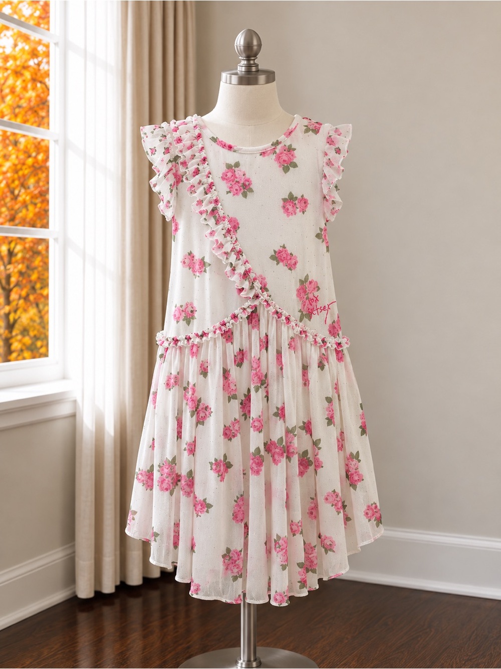 Betsey Johnson White Dress with Pink Floral Print and Ruffle Trim